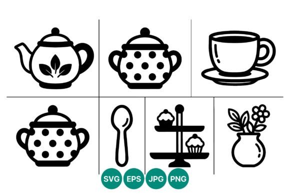 Black and White Teapots and Cup Line Art