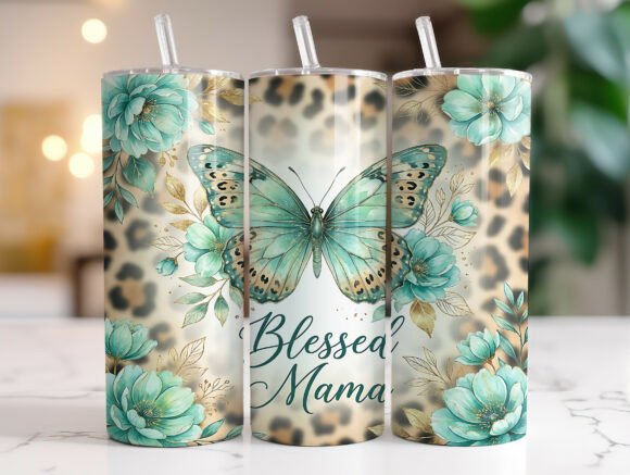 Blessed Mama Butterfly Floral Tumbler Graphics