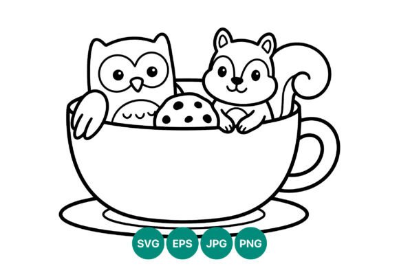 Cute Owl and Squirrel in Cup Line Art