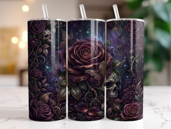 Dark Gothic Rose Skull 20oz Tumbler Wrap Graphics