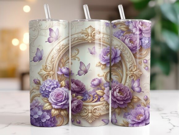 Elegant Purple Floral Butterfly Tumbler Graphics