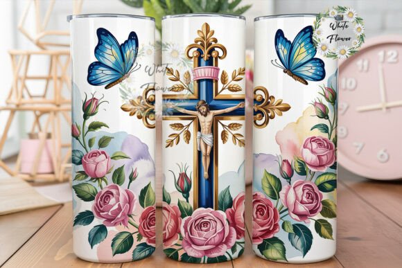 Floral Cross Butterfly 20oz Tumbler Wrap Graphics