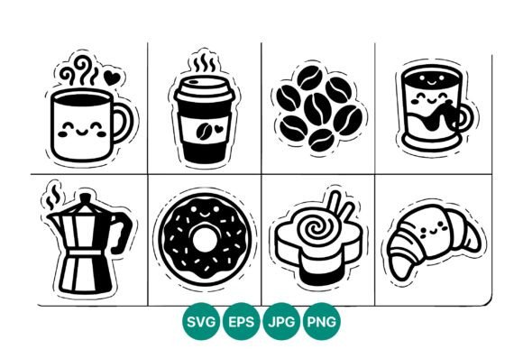Kawaii Coffee Cup Donut Sushi Line Art Graphics