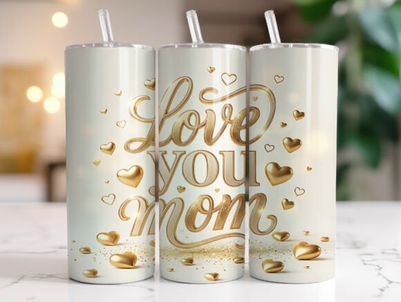 Love You Mom Gold Heart 20oz Tumbler PNG: Graphics for Tumbler Wraps