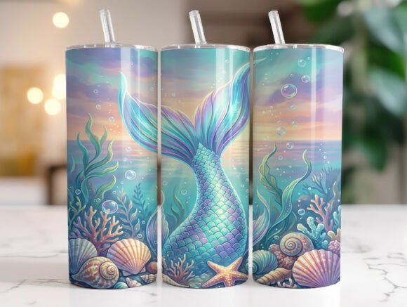 Ocean Mermaid Tail Seashell Tumbler Wrap Graphics