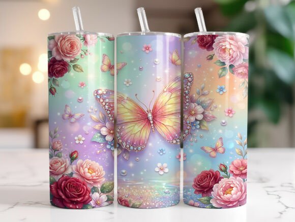Pastel Butterfly Rose Floral Tumbler PNG