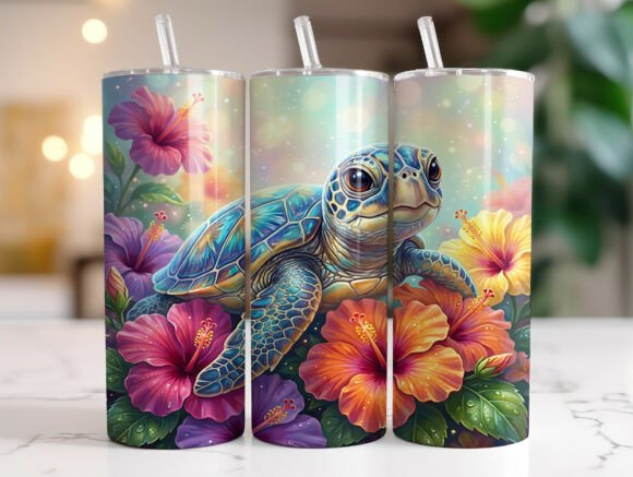 Sea Turtle Hibiscus Floral Tumbler Wrap Graphics