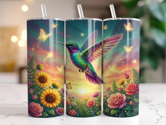 Sparkle Hummingbird Floral Tumbler Wrap Graphics