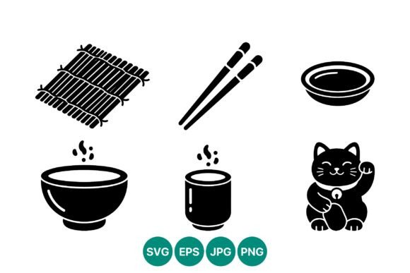 Sushi Mat Chopsticks Tea Cup Cat Graphics