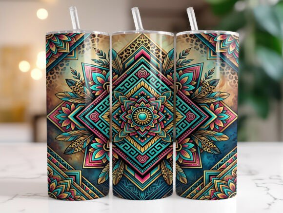 Tribal Geometric Mandala Feather Tumbler Graphics