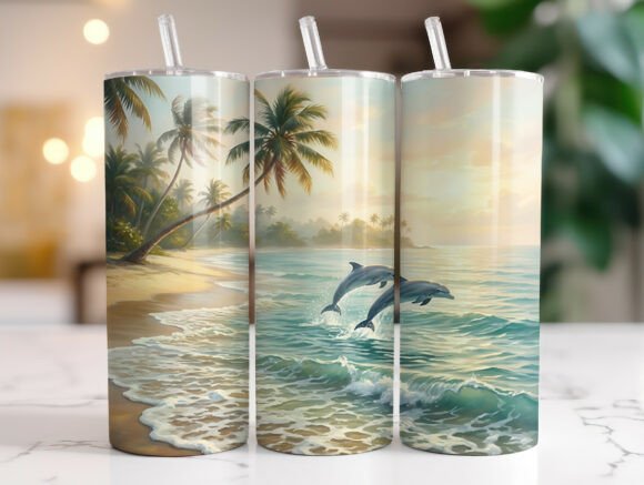 Tropical Dolphin Beach 20oz Tumbler Wrap Graphics