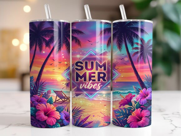 Tropical Neon Beach Summer Vibes: Tumbler Graphics & Wrap Design