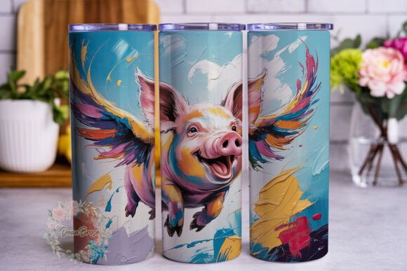 Whimsical Flying Pig Graphics: Tumbler Wraps for Editorial Design